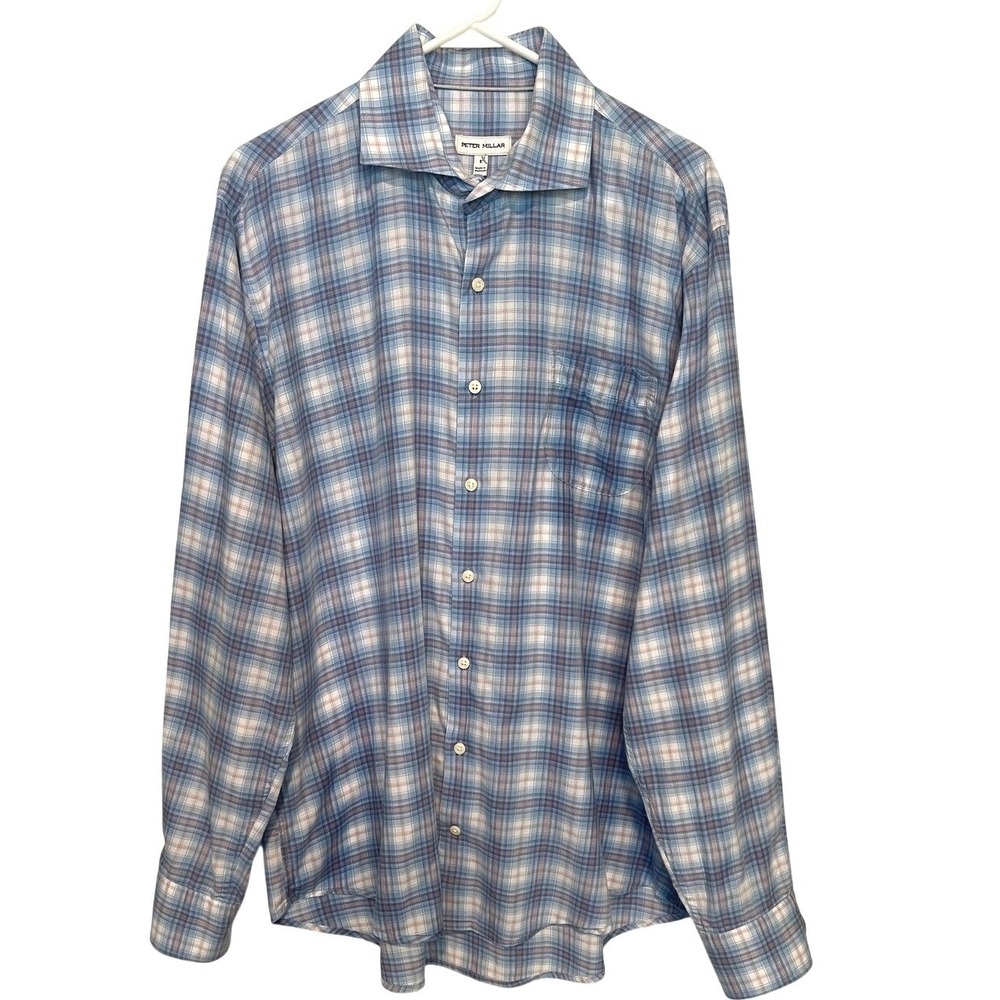 Peter Millar Men's L Wester Soft Cotton Sport Button Down Shirt Blue Plaid